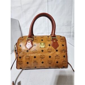 Authentic MCM Vintage Cognac Visetos Coated Canvas Small Heritage Boston Bag